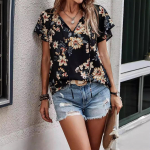 YYFS naistemood vabaaja suve kevadlillemustriga l&uuml;hikeste varrukatega V-kaelusega pluusid ja s&auml;rgid S