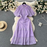 Uus Retro Court Hollow Out Hook Flower lilla pitsiline A-line kleit naistele suvised lendavate varrukatega peokleidid M
