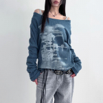2KWEIRD S&uuml;gis Harajuku Naiste Tr&uuml;kitud T-s&auml;rgid Vintage Streetwear Grunge Kaldu Kaelusega Topid Y2k Esteetika L&otilde;tv Vabaaja Hiphop Vintage Topid S sinine