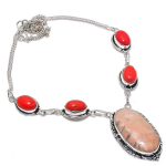 Natural Orange Aventurine, Coral 925 Sterling Silver Jewelry Necklace 18 j0o92