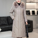 Keskkealine Naine Talvised Kunstlamba Nahast Mantlid Kapuutsi ja Karusnahast Kraega Elegantne Paks Soe Pikk Talveparka Naiste Nahkjakk 6XL khaki