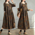 Uus Vintage Puuvillase ja Linase Prindiga &Uuml;mara Kaelusega Pikkade Varrukatega Kleit Naised Vaba Suur Suurus &Otilde;huke &Otilde;mmeldud A-l&otilde;ikeline Seelik Naised 2XL black