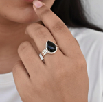 925 Sterling H&otilde;bedast Musta Onyxiga Pisarakujuline S&otilde;rmus, K&auml;sitsi Valmistatud Statement S&otilde;rmus, Minimalistlik Boho Ehted 4 h&otilde;be