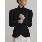 S&uuml;gise ja talve elegantne puhvisvarrukatega jakk naistele Prantsuse elegantne retro p&uuml;stkrae must bleiser S must