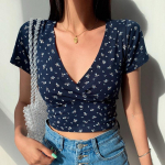 V-kaelusega vintage l&uuml;hikeste varrukatega naiste Crop Top Sinise lilleprintiga plisseeritud T-s&auml;rk vabaaja k&otilde;rge v&ouml;&ouml;kohaga naiste T-s&auml;rk Slim tops M tumesinine v&auml;rv