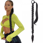 MERISIHAIR s&uuml;nteetilisest kiust punutud hobusesabapikendused, must naturaalne juuksepael, pikk poni saba koos juuksesidemega kummipaelaga naistele 85 cm