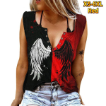 Naiste tankid Seksikad V-kaelusega varrukateta suvetopsid, vest, 3D-prindiga, punased tiivad S punane