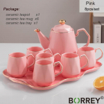 BORREY Briti teekomplekt Keraamiline teekann teetass koos teealusega portselanist kohvitass kruus Teetime teekann lille tee veekeetja kohvikann Pink (8pcs)