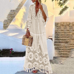 Moodne vabaaja boheemlaste suur V-kaelusega &uuml;hev&auml;rviline pitsist tutiga pikk kleit XXXXL valge
