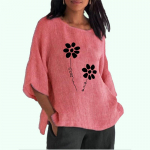 Naiste mood 3/4 varrukatega puuvillane linane naiste vabaaja kaelarihm kevad-suvine &otilde;hukese tr&uuml;kiga plusssuuruses pikk s&auml;rk S roosa