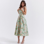 Naiste Design Sense seljata spaghetti rihmaga print anklipikkusega kleit V-kaelusega k&otilde;rge v&ouml;&ouml;kohaga S roheline