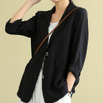 Puuvillane linane &uuml;likond Vintage bleiser&uuml;likond Korea suvine pikkade varrukatega n&ouml;&ouml;biga &otilde;huke kardigan jakk Naiste v&auml;lir&otilde;ivad M must