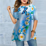 Suures suuruses naiste suvise karikakraprintiga mugav l&uuml;hikeste varrukatega T-s&auml;rk vabaaja keskmise pikkusega T-s&auml;rk XS sinine