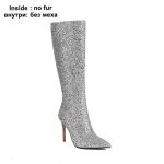 Seksikad tikk-kontsad H&otilde;bedased punased s&auml;delevad saapad Naiste &otilde;hukesed k&otilde;rge kontsaga Bling Bling kuldsed litrid p&otilde;lvedeni pikkade saapadega pidu 43