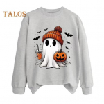 Naiste Halloweeni dressipluus Pumpkin Bat Ghost Print Crew kaelus, pikkade varrukatega pullover, igap&auml;evane ja t&ouml;&ouml;lk&auml;imise spordisviit S elevandiluuvalge