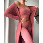Naiste silmkoeline pl&uuml;&uuml;sist mugav riiete komplekt Lounge Wear pl&uuml;&uuml;sis Crop topp ja kardigan ja pikad p&uuml;ksid p&uuml;ksid pidžaama 3-osaline komplekt XS roosa