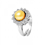 PERLINEA - Bague V&eacute;ritable Perle de Culture d'Eau Douce Bouton 9-10 mm Gold - Taille R&eacute;glable - Argent 925 - Bijou Femme