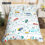 Tekikate Cartoon Ekskavaator Traktor King Tekikate Cartoon Ehitus Veoauto voodipesu komplektid S&otilde;iduk Lastetoa Sisustus AU Double(180x210cm)
