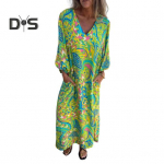 Naiste tr&uuml;kitud maksikleit kevadsuvi V kaelusega Boho p&uuml;hadekleit pikkade varrukatega taskutega kleit igap&auml;evaeluks rannas. L roheline