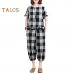 Naiste kaheosaline vabaaja ruuduline l&uuml;hikeste varrukatega pluusi ja dressip&uuml;kside komplekt suvine lahtine riietus L