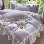 3 tk elegantne roosikujuline tikitud voodipesukomplekt pitsiga tekikottide komplekt (1*Tekikott + 2*Padjap&uuml;&uuml;r, Ilma sisuta)Magamistoa k&uuml;lalistoa jaoks 135x200cm lilla