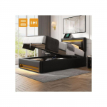 Polsterdatud voodi 90x190 cm - Must - USB-port - LED-valgustus - Integreeritud panipaik must