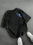 Vintage Pesuga Saturni Planeedi Graafiline T-s&auml;rk Neoon Gradient Ruumi Prindiga Tume Vabaaja L&uuml;hikeste Varrukatega Unisex Top Trendikas Streetwear S