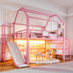 Roosa metallist maja-kujuline p&ouml;&ouml;ninguvoodi lium&auml;e, redeli, hoiuruumide ja Bluetooth-juhtimisega LED-valgustusega, testitud vastavalt standardile EN 747, madratsi suurus 140 x 200 cm 300 x 162.6 x 200 cm roosa