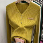 Pl&uuml;&uuml;sist paksendatud kampsun, kootud alumine pluus naistele &otilde;hukese V-kaelusega &uuml;laosaga s&uuml;gisel ja talvel mitmek&uuml;lgsed kootud džemprid 2XL kollane