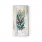 Abstraktne kuldsete sulgede &otilde;limaal, mis on tr&uuml;kitud l&otilde;uendile. Plakatid ja tr&uuml;kised elutoa veranda kodukaunistuseks Cuadros 60cm&times;150cm NoFrame