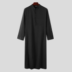 Moslemitest mehed Jubba Thobe Solid 2024, pikkade varrukatega &otilde;hukesed hommikumantlid Kaftani krae islami araabia mood meeste kaftan S-3XL S must
