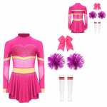 4 tk T&uuml;drukute Cheerleaderi Kost&uuml;&uuml;m Pikkade Varrukatega Teemandid Tantsu Jumpsuit Cheerleadingu K&auml;elillega V&ouml;&ouml;riidega Juuksekummidega ja Triibuliste P&otilde;lvek&otilde;rguste Torusokkidega 7-8 Years