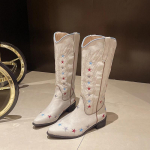 Retro T&auml;he Tikandiga R&uuml;&uuml;tlisaapad Naiste Terava Ninaga L&auml;&auml;ne Kauboi Kauboit&uuml;druku Saapad Paksu Keskmise Kontsaga P&otilde;lvini Ulatuvad Kombineeritud Saapad 35 beež