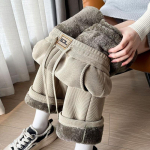 Laia s&auml;&auml;rega p&uuml;ksid s&uuml;gis- ja talvised naiste p&uuml;ksid fliisvoodriga paksendatud soojad puuvillased p&uuml;ksid sirged p&uuml;ksid M khaki