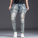 Nostalgilised sinised venivad skinny mootorratta teksap&uuml;ksid meestele - Kitsa l&otilde;ikega teksap&uuml;ksid trendika &otilde;mblusega 38 (200 lbs) gray