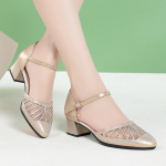 Women Closed Toe Sandals Women's Hollow Flat Mid Heel Women's Chunky Heel PU Leather Shoes Hollow Mesh Soft Bottom Mom Shoes 36