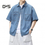 Meeste l&uuml;hikeste varrukatega puuvillane s&auml;rk Suvine n&ouml;&ouml;bitav rev&auml;&auml;riga teksas&auml;rk taskutega, vabaaja rannar&otilde;ivaste top XXXL tumesinine v&auml;rv