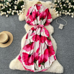 Suvekleit Retro laternvarrukatega naiste kleit &uuml;he n&ouml;&ouml;biga v&ouml;&ouml;ga seotav tr&uuml;kimustriga kleit One size roosa punane v&auml;rv