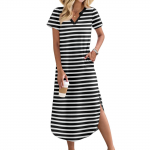 Naiste vabaaja mugavad V-kaelusega lahtise &auml;&auml;rega l&otilde;ikega puhkuse l&uuml;hikeste varrukatega triibulised pikad kleidid L punane