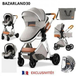 BAZARLAND30.Poussette 3 en 1 B&eacute;b&eacute; Combin&eacute;e Si&egrave;ge-Auto Nacelle Trio R&eacute;versible Haute Qualit&eacute; Roues increvables Canne light grey