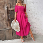 Naiste kevadsuvi l&uuml;hikeste varrukatega lilleprinteriga kaldkaelusega vabaaja A-joonega pahkluu pikkusega k&otilde;rge v&ouml;&ouml;kohaga kleit XL roosa punane v&auml;rv