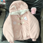 Jaapani Kawaii Lolita stiilis parkad naistele magusa multifilmikassi tikandiga vabaaja kapuutsiga mantel t&uuml;drukutele Y2k esteetika soe pl&uuml;&uuml;sjakk M roosa