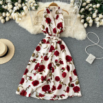 RUGOD Retroprinteriga kleit 2022 suvine uus Goddess Fan Temperament V-kaelusega lipsuga v&ouml;&ouml;koht &otilde;huke keskmise pikkusega kleit S beež