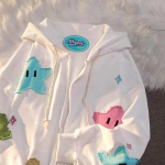 Pusa t&otilde;mblukuga kapuuts Y2k t&auml;navariided lahtised vintage riided Topid Harajuku jope vabaaja gooti &uuml;lisuur multikate lapiline top S valge
