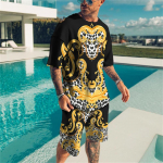 Suvine trend Meeste vabaaja rannap&uuml;ksid l&uuml;hikeste varrukatega &uuml;likond, 3d prinditud v&auml;rvigradient Retro O krae 2-osaline komplekt Moodne vabaaja S