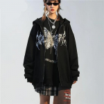 Naiste hip-hop t&auml;navar&otilde;ivad kapuuts Naiste jope Butterfly Print Coat Goth Harajuku Y2k Esteetilised riided Punk jope T&otilde;mblukk 2XL must