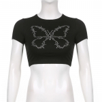 Y2K Retro Butterfly Hot Diamond Slim Fit &Uuml;markaelusega pullover l&uuml;hikeste varrukatega avatud nabaga naiste T-s&auml;rk S must