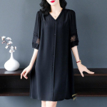 Must kleit naiste avar suur suvekleit keskmise pikkusega soliidne vabaaja pitsiline auklik kleit L must