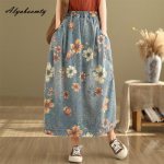 Mori Girl Kevad s&uuml;gisene Naiste Midi Denim seelik Elastne v&ouml;&ouml;koht Lillemustriga Vintage seelik Retro elegantne taskutega naiste seelik M