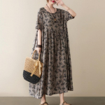 Puuvillasegu Linane Lillemustriga Suur Suurus Kleit L&uuml;hikeste Varrukatega &Uuml;mara Kaelusega Naiste Vabaaja Lahtine Pikk Suvekleit One Size hall